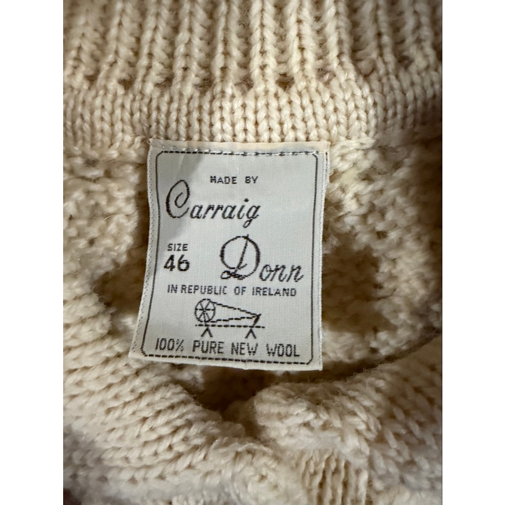 Vintage Chunky Cable Carraig Donn 100% Wool Cardigan Knit Ireland Cream size 46 - Picture 3 of 6